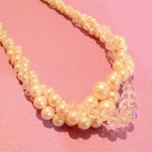 Vintage RMN Signed Twisted Faux Pearl and Glass Crystal Necklace *